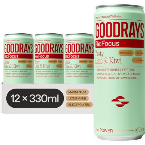 GOODRAYS Re:Focus Drinks Sparkling Low Calorie Soft Drink with Magnesium Lions Mane Mushroom Vitamin D and Electrolytes Zesty Lime & Kiwi 12 x 330ml Cans