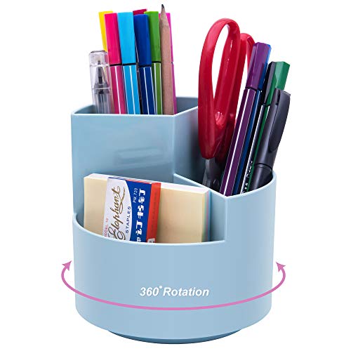 Siveit Rotating Pen Holder, 3 Slots 360-Degree Spinning Pencil Pen Desktop Organizer Cute Pencil Cup Pot for Home, Office, Kids (Blue)