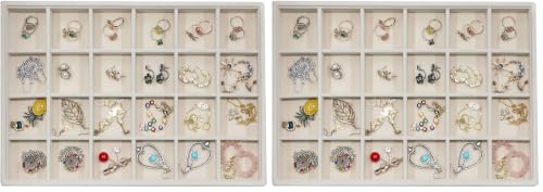 Stratalife 24 Grid Jewelry Organizer Tray, Stackable Drawer Earring Organizer with Adjustable Dividers, Jewelry Display Tray for Necklace Earring Ring Bracelet, 13.8" x 9.4" x 1.2", Beige (Pack of 2)
