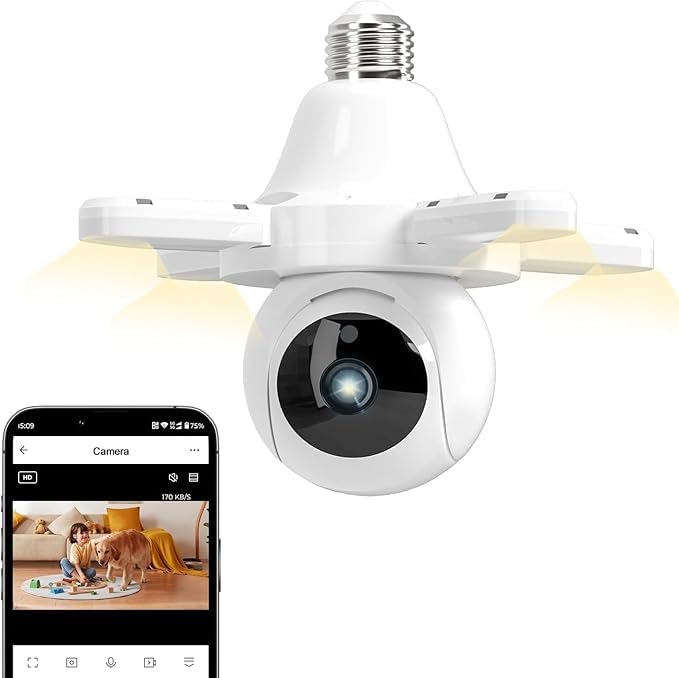 Câmera Segurança IP Lâmpada – 360° Full HD WiFi Inteligente 1080p com Visão Noturna Infravermelho Câmeras, Detecção de Movimento, Áudio Bidirecional, para garagens, corredores, lojas, armazéns