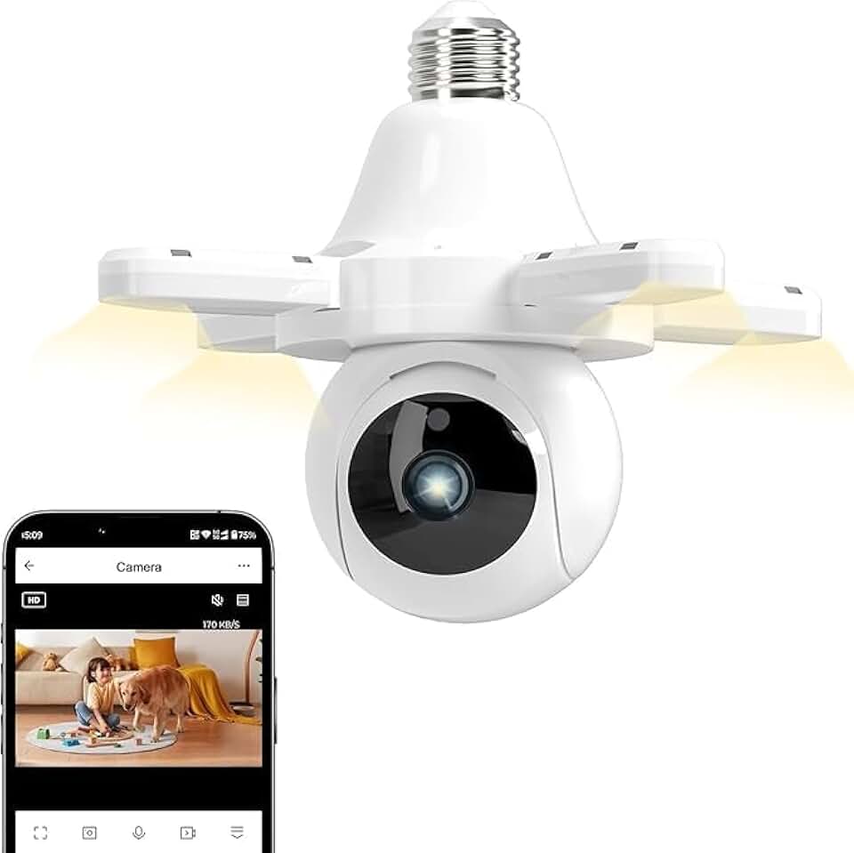 Câmera Segurança IP Lâmpada - 360° Full HD WiFi Inteligente 1080p com Visão Noturna Infravermelho Câmeras, Detecção de Movimento, Áudio Bidirecional, para garagens, corredores, lojas, armazéns