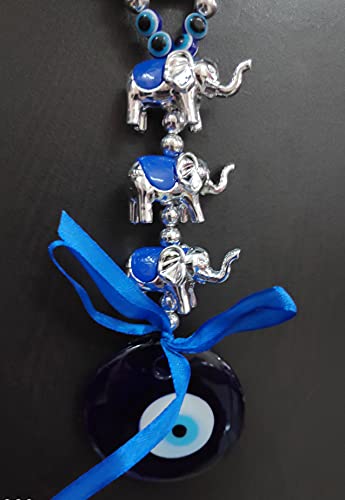 Image of Reiki Crystal 3 Elephant Wall Hanging Fengshui for Prosperity, Good Luck, Evil Eye Protection, Home, Office, Car, Door, Gift - Blue and Silver