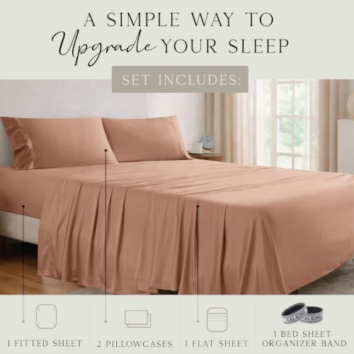 Image of KARISSA MAE Luxury Bamboo Viscose California King Size Sheet Set | FSC Certified | Cooling | Ultra Soft | 18 inch Deep Pockets | Elastic Corner Straps | Includes Organizer Band [Terracotta]