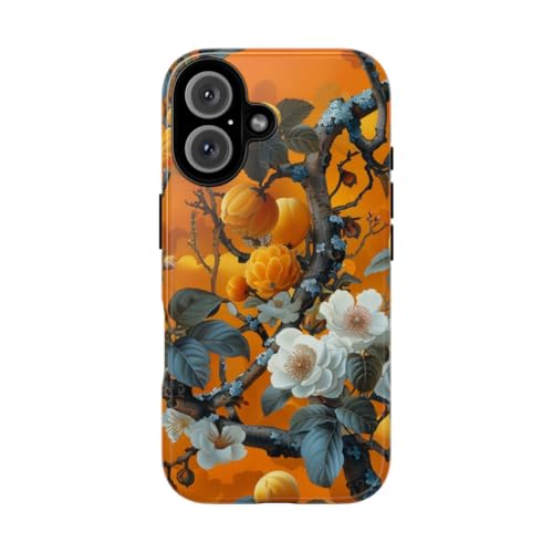 Coque rigide iPhone 16 motif floral orange botanique vintage chic