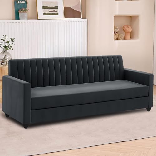 Image of 3 + 2 Seater Sofa Set Wooden Velvet Fabric 5 Seater Sofa Set & Ottoman Stylish, Comfortable Seating & Space Saving Design for Home & Office - Black