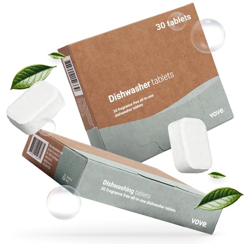 Vove Plastic-Free Dishwasher Tablets, 60 Pack - All-in-One Plant-Based Formula with 2x Enzyme Power - Tackles Stubborn Stains, No Pre-Rinse Needed, Biodegradable & Concentrated, Fragrance-Free