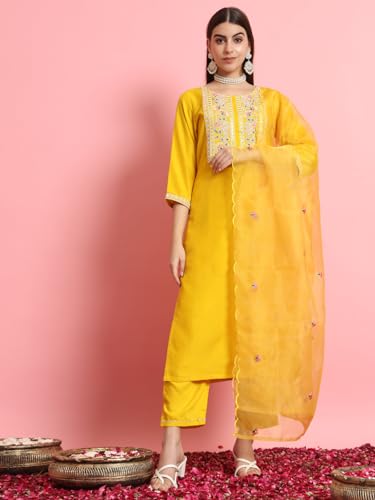 Image of VredeVogel Women's Silk Blend Embroidered Kurta with Pant & Dupatta Set