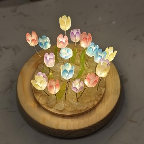 Image of One94Store Tulip LED Night Light - Decorative Glass Table Lamp with 10 Artificial Flowers, Soft Glow for Bedroom, Living Room, Birthday & Gifts (8 cm, Multi-Color)
