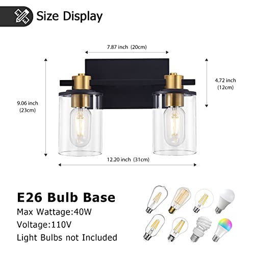 stambord 2 Light Bathroom Vanity Light, Black and Gold Bathroom Light Fixtures, Sconces Wall Lighting with Glass Shade, Modern Farmhouse Vanity Lighting fixtures for Bathroom, Bedroom, Hallway - Thumbnail 5