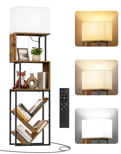 Image of 5-Tier Floor Lamp with Shelves & Remote, Dimmable S-Shaped Tree Bookshelf with 3 Color Temperatures, 1-Hour Timer, Tall Corner Standing Lamp for Living Room, Bedroom, Office(Rustic Brown)