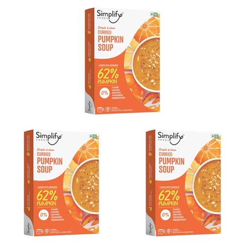 Image of Simplify Foods Curried Pumpkin Instant Soup | Made with 62% Real Pumpkin | Pack of 3 (Makes 500ml) | Just Add Hot Water | No Cooking Required | Clean Label | 0% Additives or Preservatives