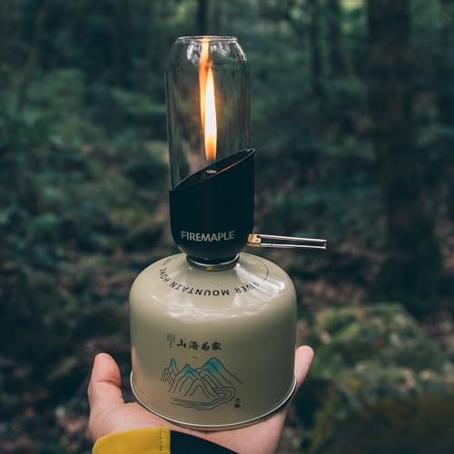 Fire-Maple Camping Gaslaterne Glas Stahl Aluminium Propan oder Isobutanbrennstoff Einstellbare Helligkeit Campinglaterne Keine Mantel erforderlich Campingausrüstung Notwendigkeit für Notfälle Schwarz