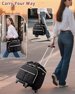 Marscamd Rolling Teacher Bag with Accordion File Organizer & 15.6" Laptop Compartment, Wheeled Work Briefcase Tote with Detachable Trolley & Crossbody Strap for Women, Black