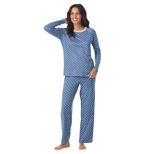 Cuddl Duds Womens 2 Piece Matching Pajamas & Lounge Set - Cozy Soft Loungewear & Sleepwear - Long Sleeve Crewneck Sleep Pajama Shirt & Long PJs Pants with Pockets Sets for Women Blue Dots M