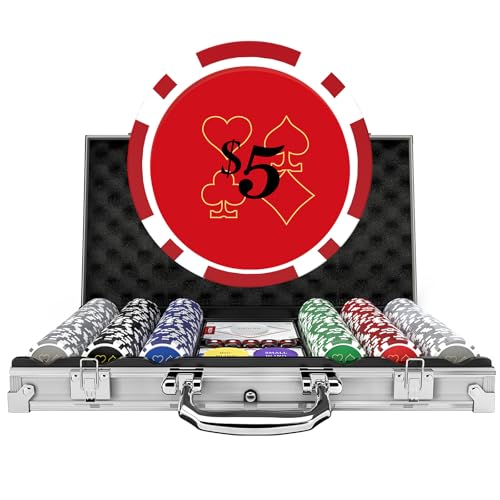 poker chips with denominations 300-pcs 115g weighted numbered casino chips set 5 dice 2 decks with compact aluminum case for texas hold39em blackjack age 8 and plus