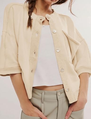 QIBABU Womens Button Down Cardigan Casual Open Front 3/4 Sleeve Crewneck Sweatshirt Tops2