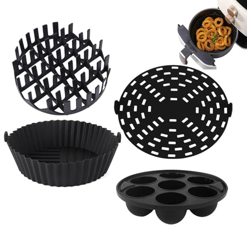 シリコンエアフライヤーライナー | エアフヤーバスケット用4枚ナー 耐熱性ノンスティックトレイ オーブン調理用 電子レンジ対応 ベーキングやローストに最適
