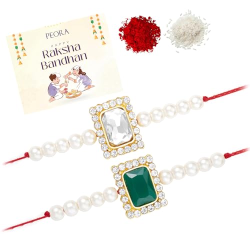 Image of Peora Rakhshabandhan Thread Rakhi for Brother Bhaiya | Kundan Beads & Crystal Studded | Combo Set of 2 | Rakhi Hamper Roli Chawal & Greeting Card