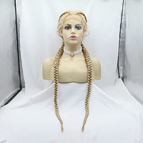 xiweiya 32” Double Braids Mixed Blonde Lace Front Braids Extra Long 100% Hand Braided Swiss Twins Blonde Braided Wigs with Baby Hair Lightweight Synthetic Twist Braids Wig - Image 2