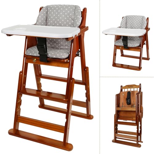 Image of PandaEar Baby Wood High Chair with Removable Tray & Soft Cushion, Convertible Child Highchair Feeding Chair with Safety Harness