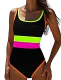 popvil Women's One Piece Swimsuits 2025 Tummy Control -Modest Neon 1 Piece Bathing Suit Beach Outfit Sexy Sport Swim Suits,Black Yellow,Large
