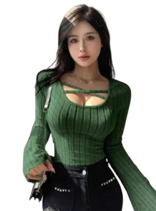 Image of Women Slim Fit Long Flare Sleeve Ribbed Knit Criss Cross Cut Out Casual Fashion Top Trendy Daily Outfit for Girls and Women