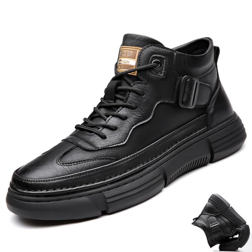 Mens Casual Driving Lace Up Black Leather Chukka Hiking Boots Hand Stitching Platform Non-Slip Shock Absorption Autumn&Winter Warm Ankle Work Shoe