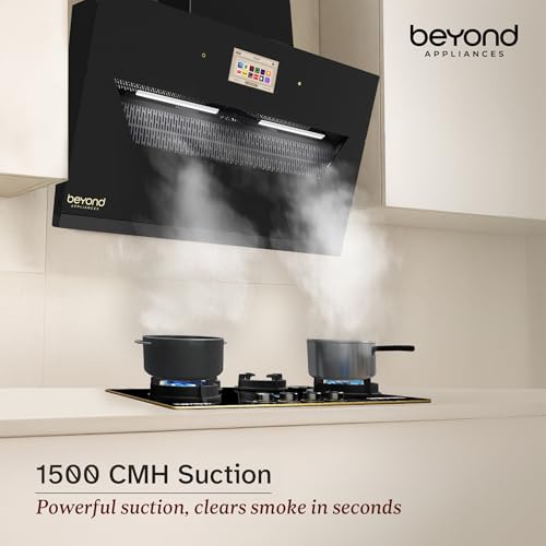 Image of Beyond Appliances Eris 90cm Auto Clean Slant Kitchen Chimney | 1500 CMH Suction | Filterless | Smart Touchscreen Display | Touch Control | Black | PAN INDIA SERVICE| BA-SL-ER-AD-90-CH-001