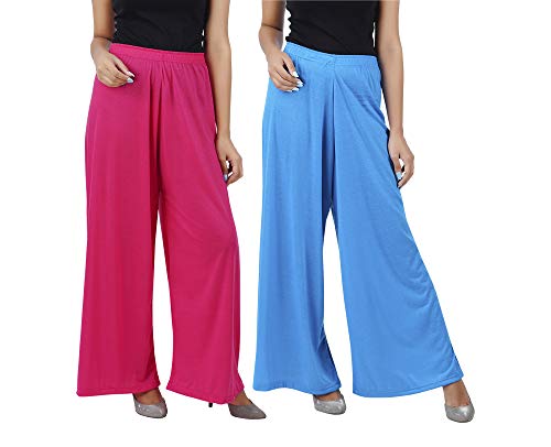 Image of Buy That Trendz M to 4XL Cotton Viscose Loose Fit Flared Wide Leg Palazzo Pants for Women Rani Pink Turquoise Combo Pack of 2