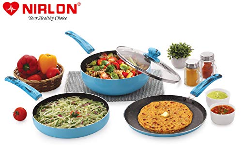 Image of Nirlon Blue Sea 4-Piece Aluminium Non Stick Cookware Gift Set with Glass Lid, Color-Blue (Compatible with All Gas & stovetops Only)