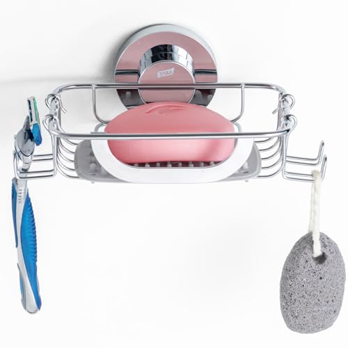 TAILI Soap Dish Holder Suction Cup with Hooks and Silicone Soap Saver Pad for Shower Wall, Shampoo Tray for Bathroom, Tub, Kitchen, Rustproof Stainless Steel Sponge Holder, Silver