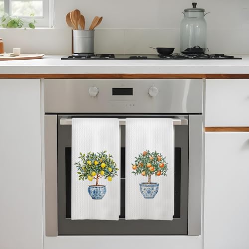 Image of Chinoiserie Lemon Kitchen Towels, Watercolor Lemon Tree Decorative Hand Towels for Bathroom, Vintage Grandmillennial Lemons Dish Tea Towels for Kitchen, 16x24 Inch Set of 2
