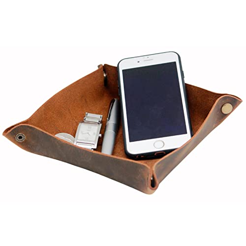 Image of boshiho Valet Tray for Men, Leather Jewelry Catchall Key Phone Coin Box Change Caddy Bedside Storage Box (Crazy Horse Leather - Dark Brown)