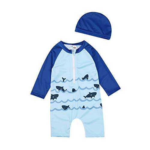 Baby Boy Girls Long Sleeve Rash Guard One Piece Swimsuits with Hat UPF 50+ Sun Protective Cartoon Bathing Suit (Wave, 5-6T)