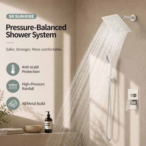 Image of SR SUN RISE Shower Faucet Set 8-Inch Rainfall Shower Head Brushed Nickel