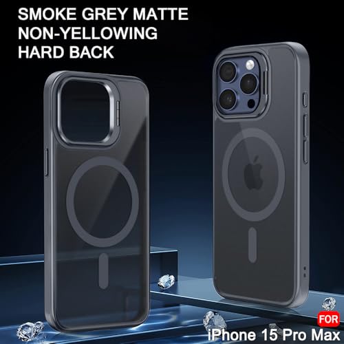Image of TheGiftKart Hybrid Matte Frosted Back Cover Case for iPhone 15 Pro MAX Compatible with MagSafe | Built-in Stand | Shockproof Hard Case Cover for iPhone 15 Pro MAX (PC & TPU, Translucent Grey)