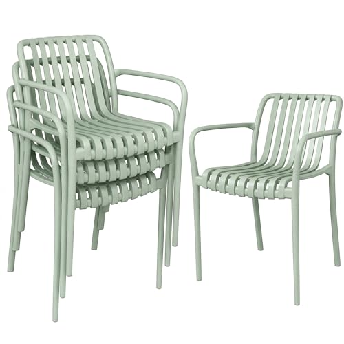 Outsunny Lot de 4 Chaises de Jardin Empilables en Polypropylène Anti-UV - Fauteuil de Terrasse avec Accoudoirs et Dossier à Lattes Ergonomique - Chaises de Salle à Manger Extérieures, Gris Vert