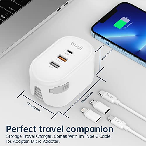 Budi 38W 3-Port Usb Wall Charger, Multifunctional Built-In 3 Fit Cable Retractable Usb Cable Fast Charger With Type-C/Micro-Usb Port For Phone 13 12 11 Xs Xr X 8 7/Tablet/Samsung Galaxy/Pixel/Sony/Lg #TOP3