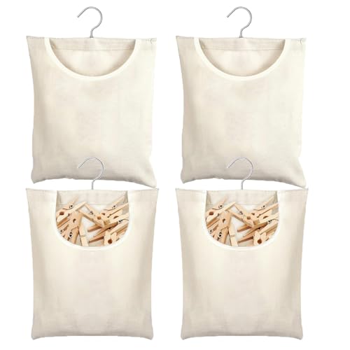 Linen Clothes Peg Bag, Holds up to 200 Clothespins, Clothes Peg Holder with Hanging Hooks for Home Use, Hanging, Reusable, Clothes Peg Bag with Hanger (Beige-B)
