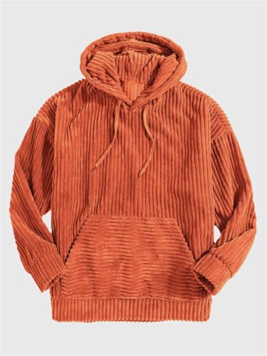 Men's Solid-Color Striped Hooded Sweatshirt Long Sleeves Loose-Fitting Pullover Pockets And Drawstring.4
