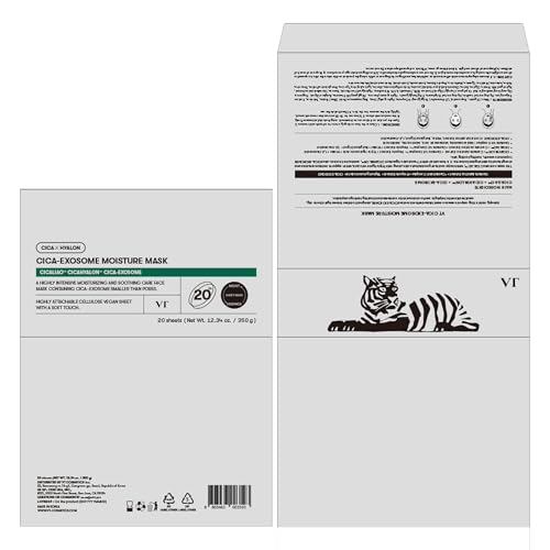 Image of VT COSMETICS Cica-Exosome Moisture Mask 20 Sheets, Centella Asiatica & Hyaluronic Acid with Exosomes for Deep Hydration & Calming, Biodegradable Vegan Sheets, Korean Face Mask