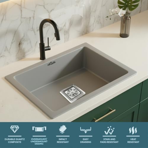 Image of ARQUIN Quartz Kitchen Sink 21x18x9 Inch Grey | Single Bowl Sink | Durable & Scratch-Resistant | Undermount /Topmount Including Coupling, Waste Pipe & Fruit Washing Basket