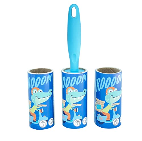 Image of House of Quirk Lint Rollers Brush Reusable Sticky Picker Cleaner Roller Easy-Tear Sheets Pet Hair Lint Roller 10cm Sheet Set of 3 Rolls 180 Sheets, 60 Sheets Each roll Lint Roller Remover - Vroom Dino