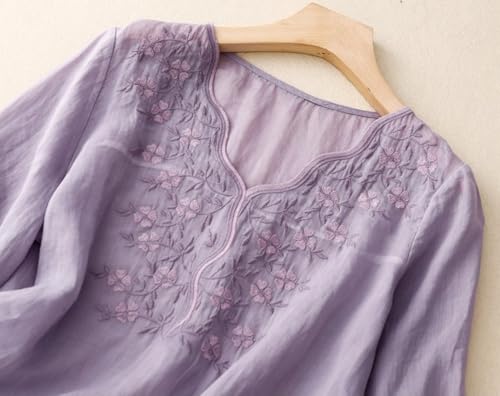 Image of RIEKA Womens Elegant Beige Floral Embroidered Tunic Top with Scalloped V Neck, Elbow Length Sleeves, Relaxed Fit, Lightweight, Casual Ethnic Style Top
