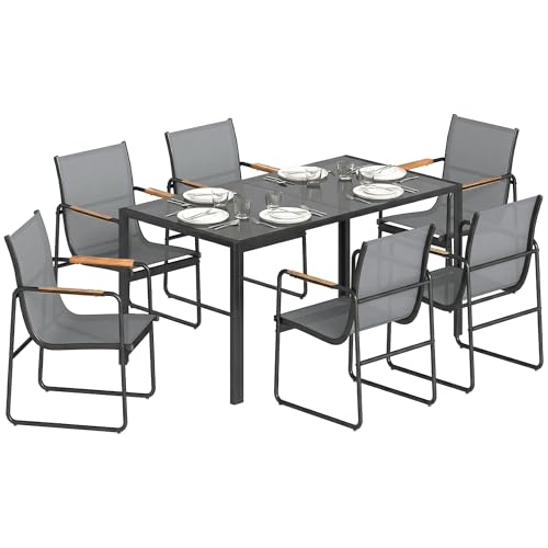 Outsunny Ensemble de Salle à Manger d'Extérieur 7 Pièces pour 6 Personnes, Table en Verre et Chaises avec Accoudoirs Décoratifs, Mobilier de Jardin en...
