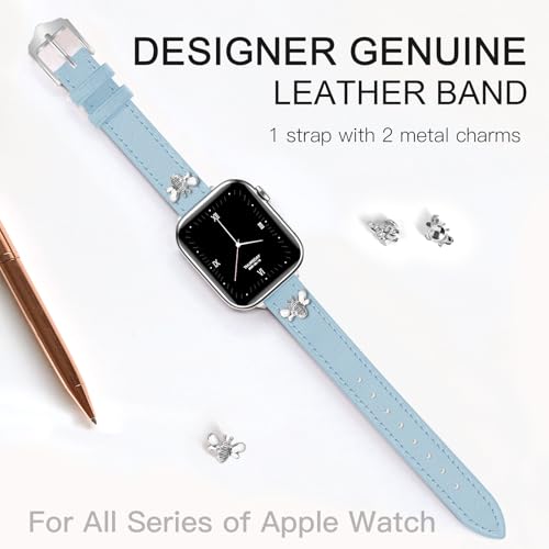 Image of JR.DM Slim Leather Bands Compatible with Apple Watch Band 38mm 40mm 41mm 42mm 44mm 45mm 46mm 49mm, Genuine Leather Band with Charms, Feminine Design for Iwatch Ultra SE Series 11 10 9 8 7 6 5 4 3 2 1