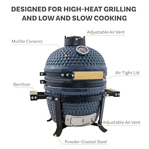 Sunnydaze 13 kamado portable charcoal grill with smoker outdoor ceramic small bbq grill with stand and cooking grate dark blue  urban country home decor