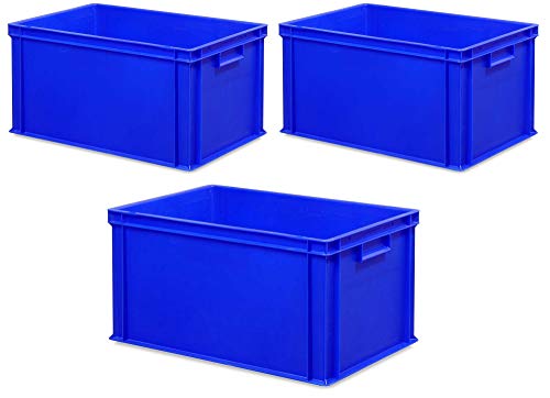 3 contenitori impilabili Eurostack con 2 maniglie, 600 x 400 x 320 mm, blu