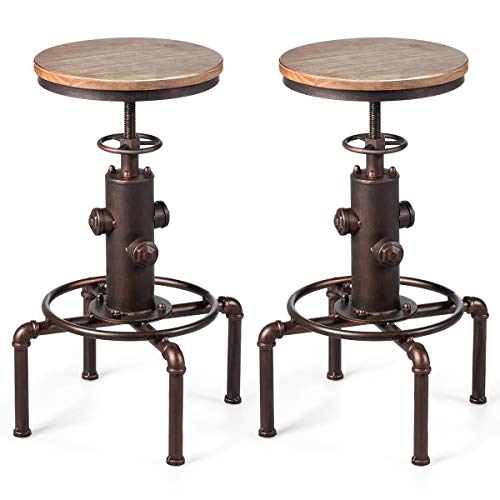 COSTWAY Tabouret Bar Industriel Vintage en Bois de Pin Ensemble 2 Pièces, Hauteur Réglable, Pivotant à 360 Degrés, pour Café Rétro Vintage Élégant Design Tuyau...