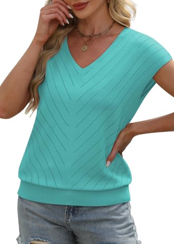Image of WIHOLL Short Sleeve Sweater for Women V Neck Trendy Summer Tops 2026 Beach Vacation Clothes Travel Business Casual Outfits